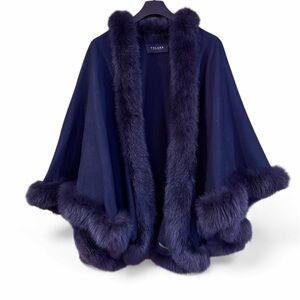 Elegant Navy Fur-Trimmed Poncho